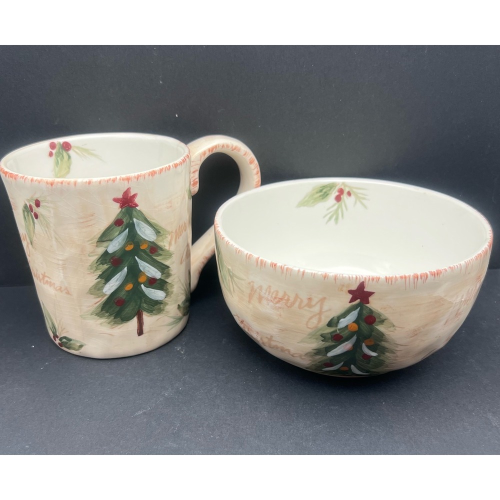 Christmas Tree Ceramic Mug and Bowl Set Hand Painted Merry Christmas Holiday